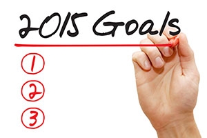 Hand underlining 2015 Goals with red marker, business concept